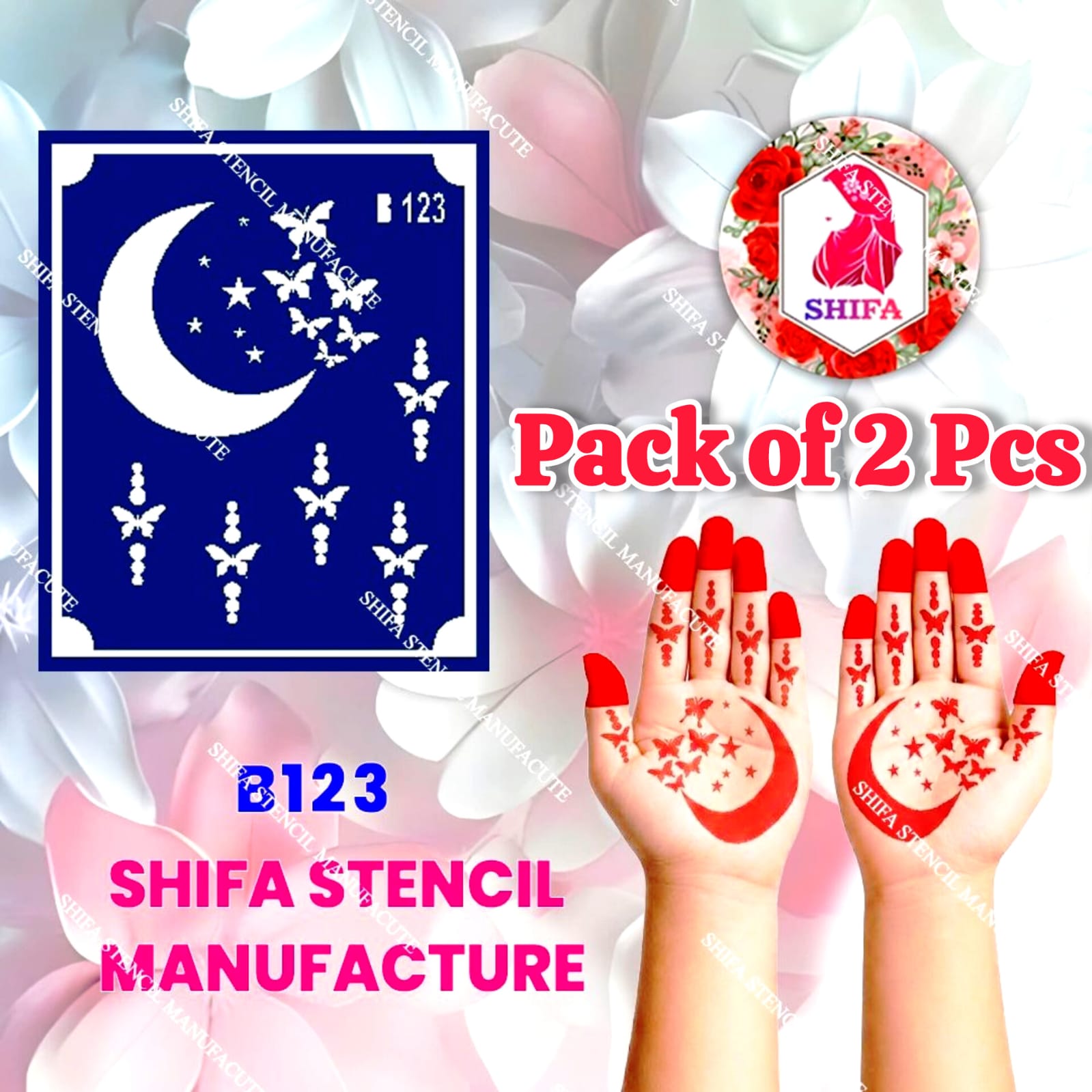 B123 (age 5 to 10) Lunar Flutter Grace Sticker Overview Henna Stencil - Shifa Stencil